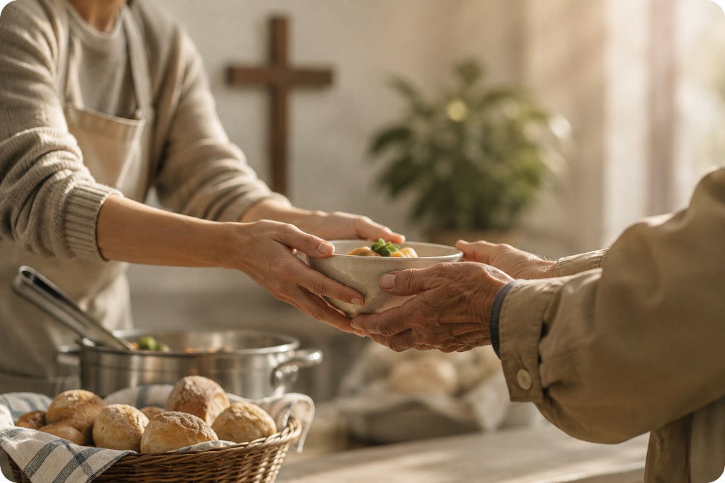 Volunteers serving a warm meal at a community meal center